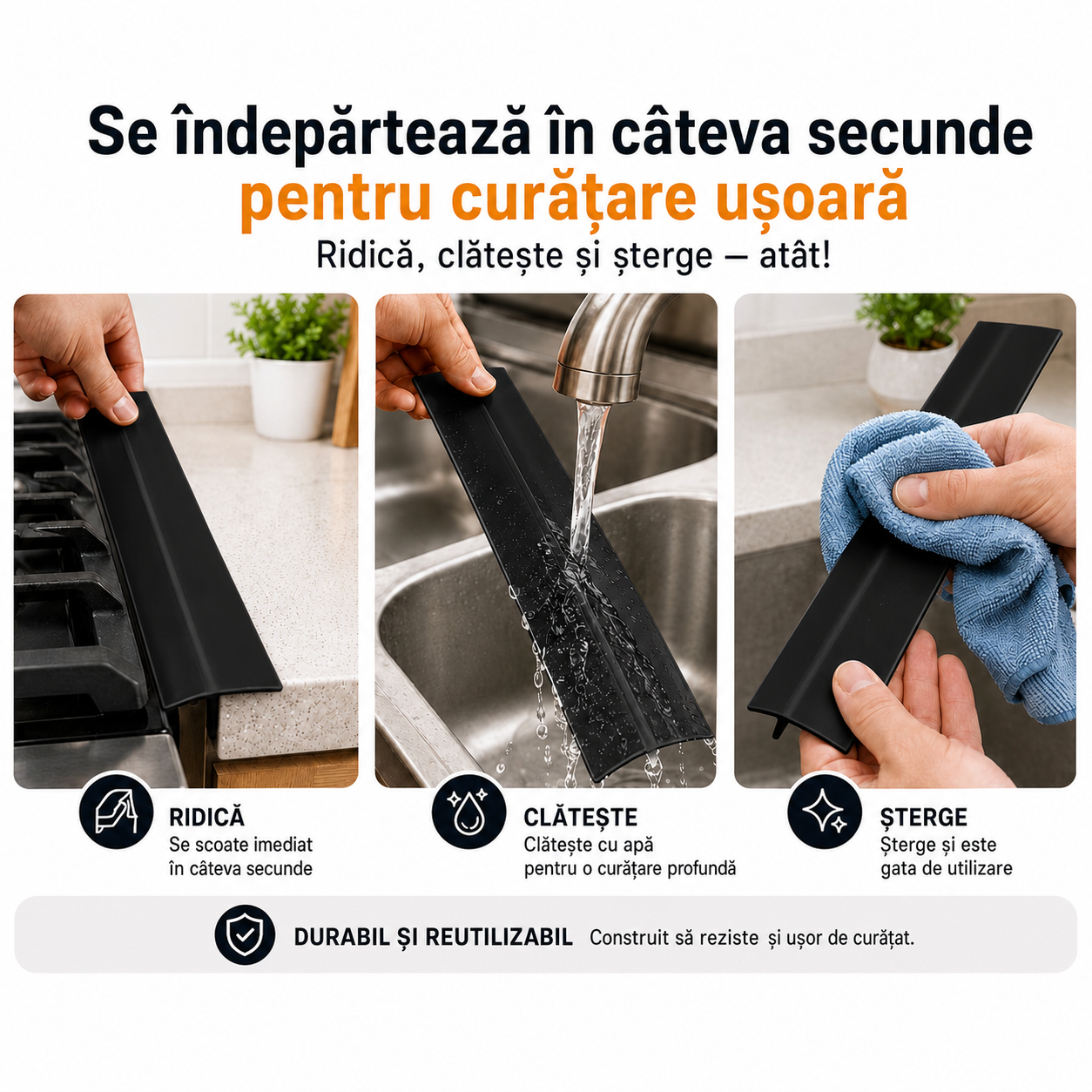 Două protecții negre pentru spațiul dintre aragaz și blat