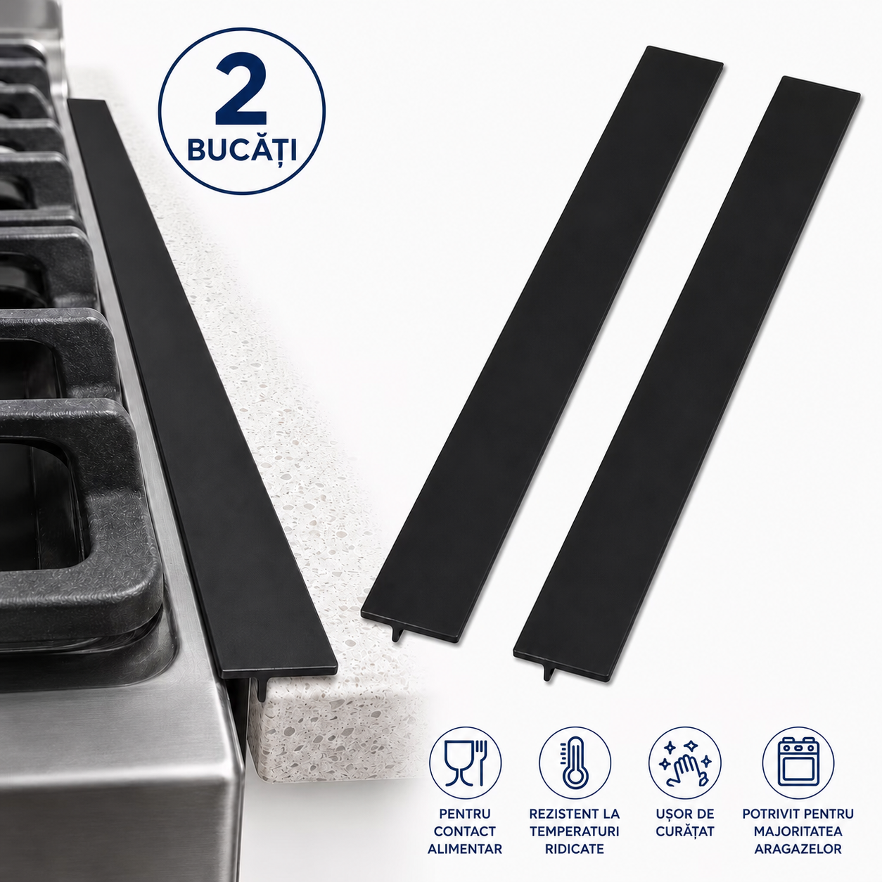 Două protecții negre pentru spațiul dintre aragaz și blat